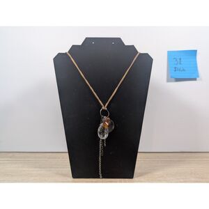 Boho Pendant Necklace 31” Suede Cord w/ Natural Stone & Clear Glass Charms